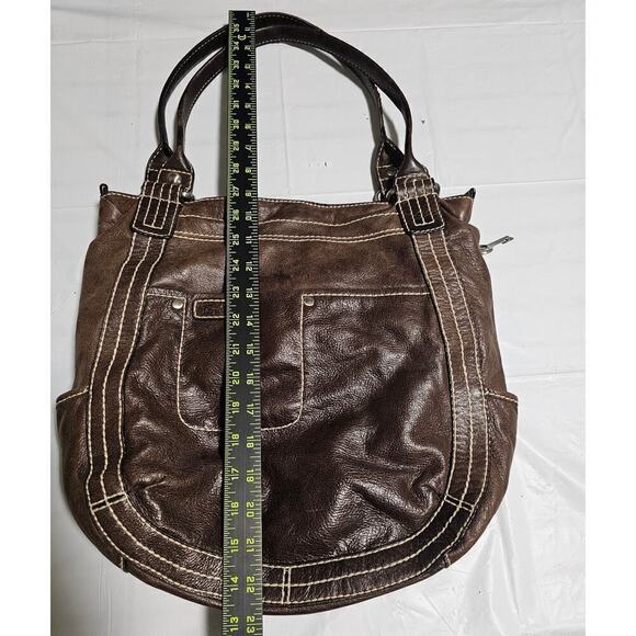 Fossil Brown Y2K leather satchel. M/L. W white stitches. Multiple pockets. Soft‎ - Picture 4 of 14